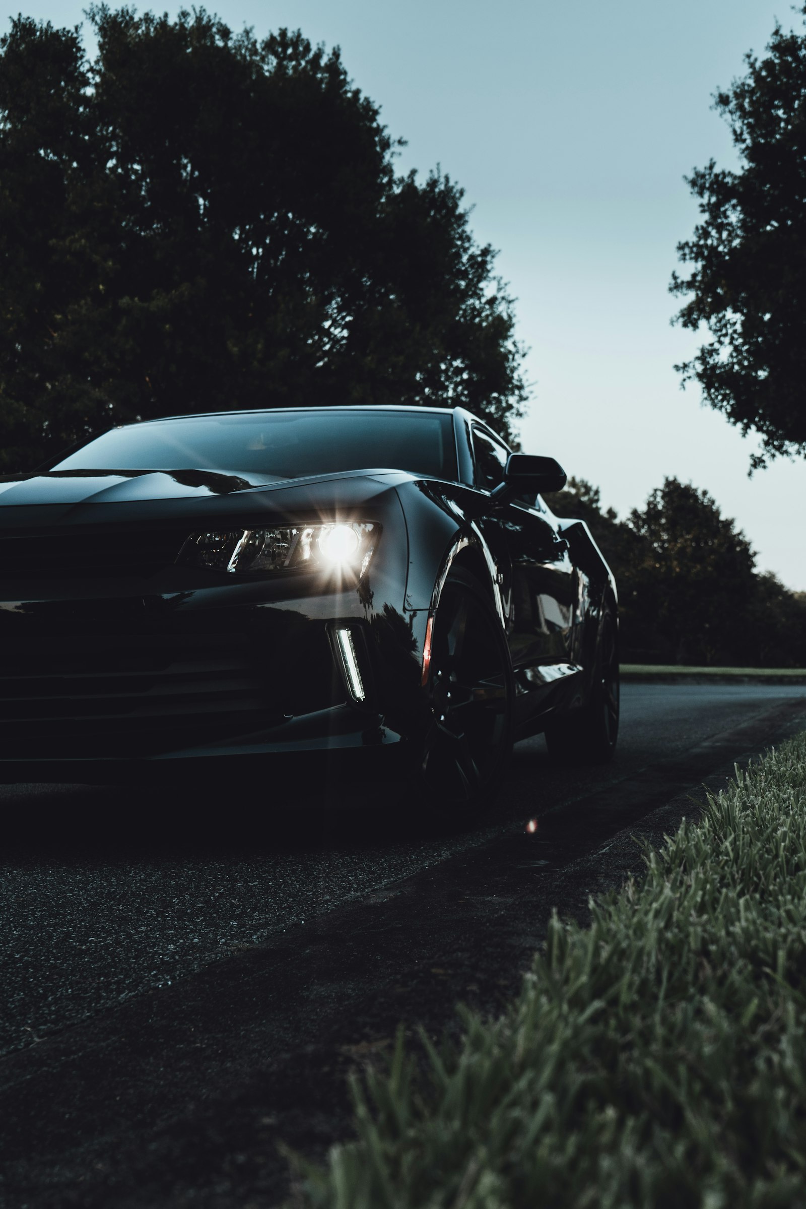 A black performance coupe at dusk, headlight glowing, photographed low along a quiet tree-lined road