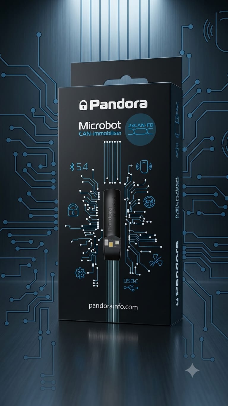 Pandora MicroBot CAN-immobiliser box, showing Bluetooth 5.4, dual CAN-FD and USB-C servicing
